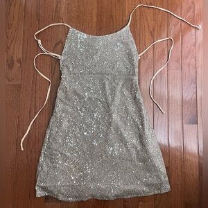 Sparkling Sequin Dress with Tie Straps Shiny Tan and Silver Sequin Mini Dress